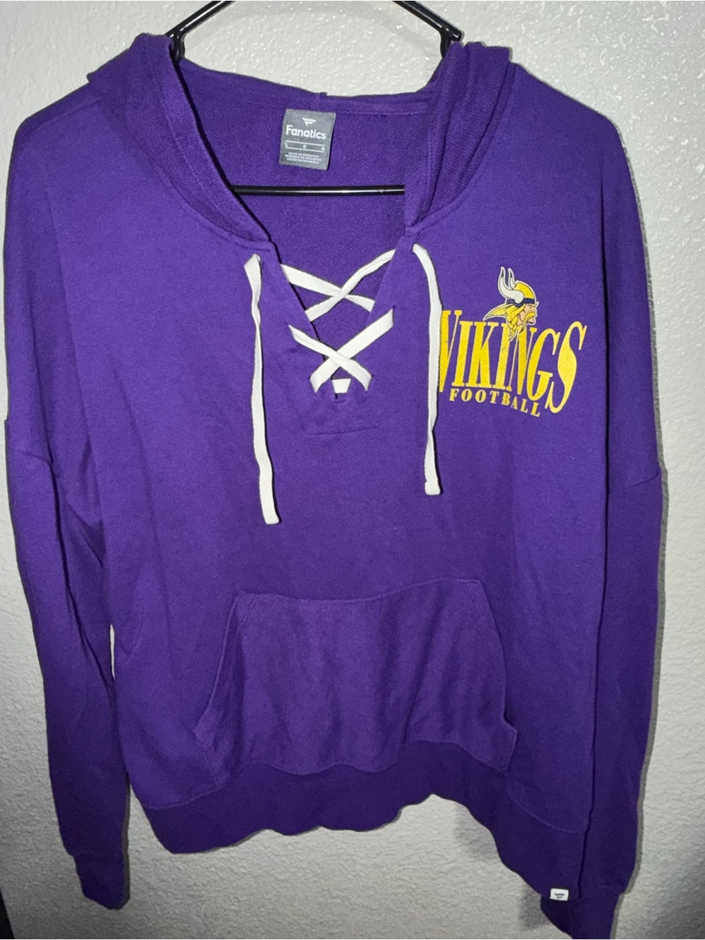 Fanatics Minnesota Vikings Lace-Up Front Hoodie Sweatshirt - Purple - Size Large